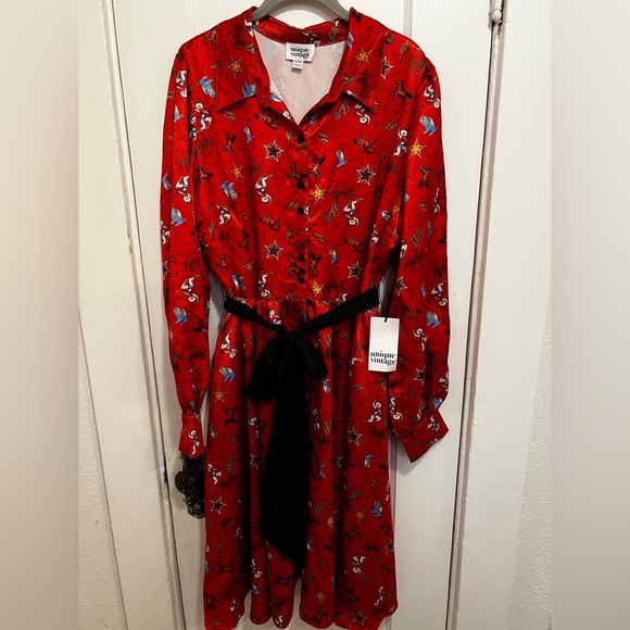 UNIQUE VINTAGE RUST Red Silk Western Print ROCKABILLY Dress with Tie NWT Howdy - Picture 2 of 12